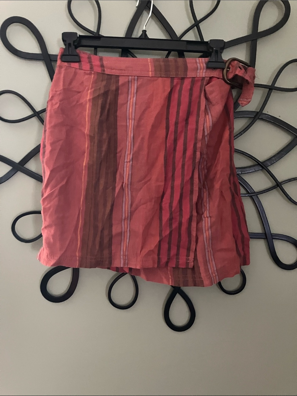 Urban Outfitters Coral and Brown Striped Wrap Skort with Side Buckle